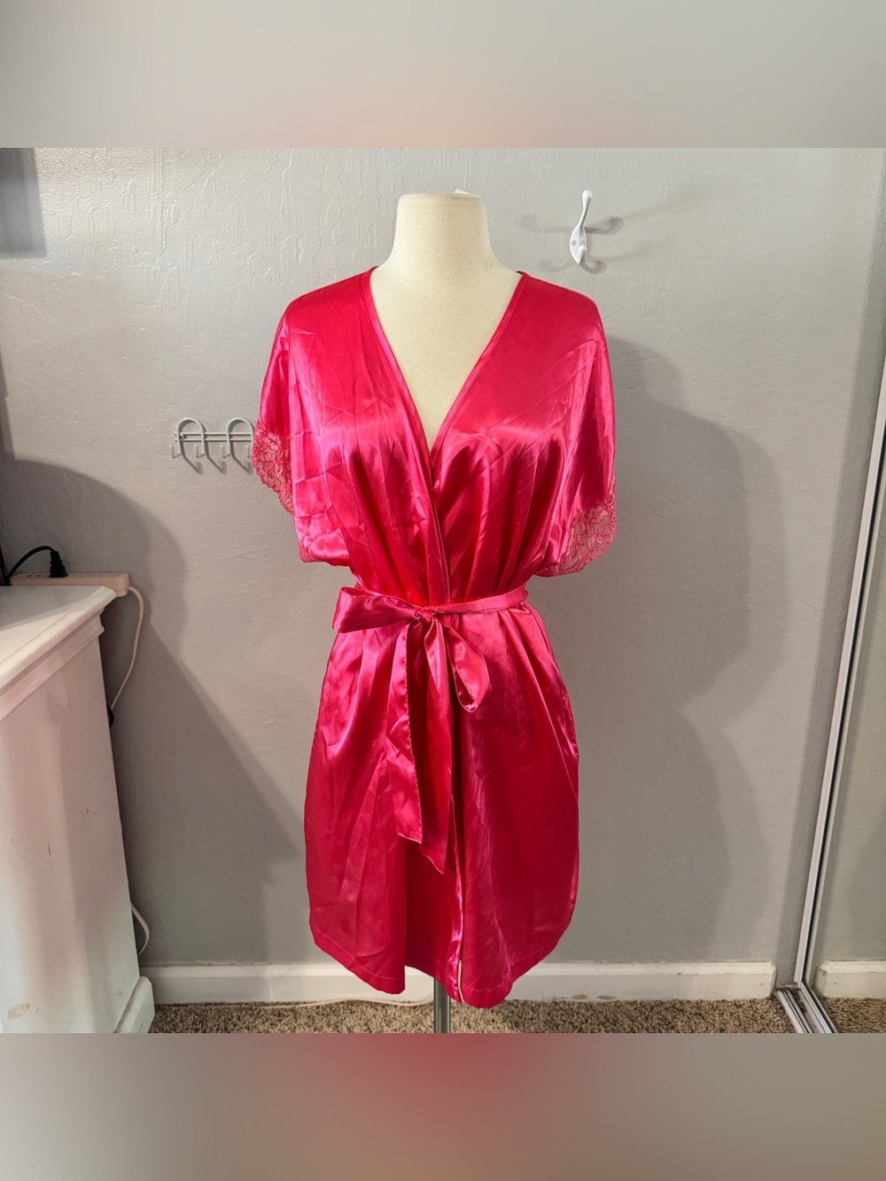 Hot Pink Satin Robe with Lace Details